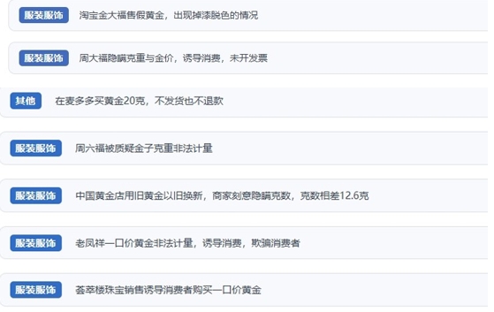 &nbsp; &nbsp; 网友涉及黄金消费纠纷的相关投诉问题。（“人民投诉”用户投诉截图）